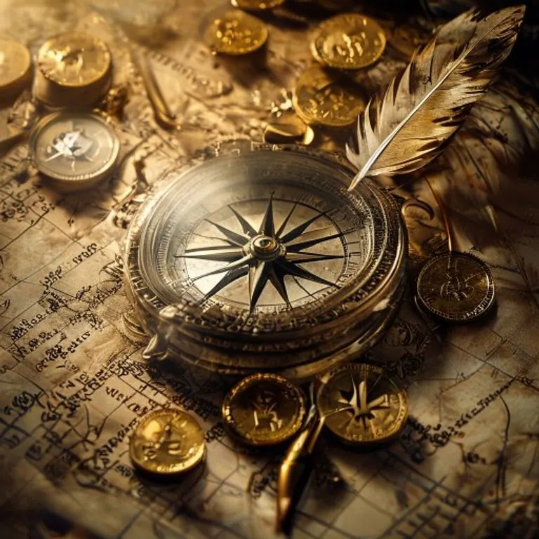 Fotografía cinematográfica de una brújula antigua sobre un mapa desgastado, con monedas de oro y una pluma, simbolizando la búsqueda de la fortuna y el viaje de la vida.