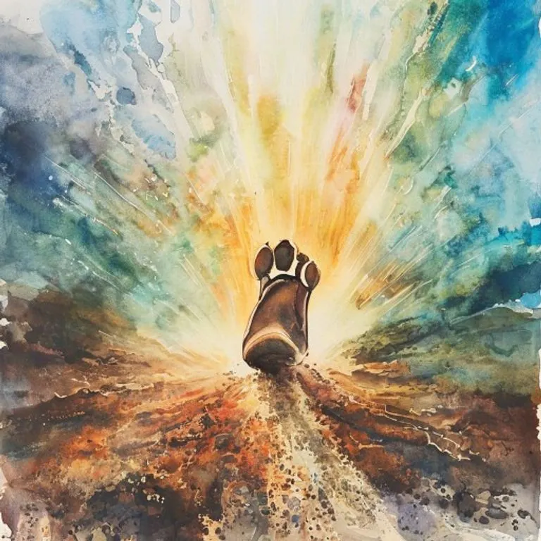 Pintura acuarela conceptual de una huella de caballo en el suelo, con líneas de energía etéreas que se irradian, simbolizando el impacto y el camino hacia adelante.