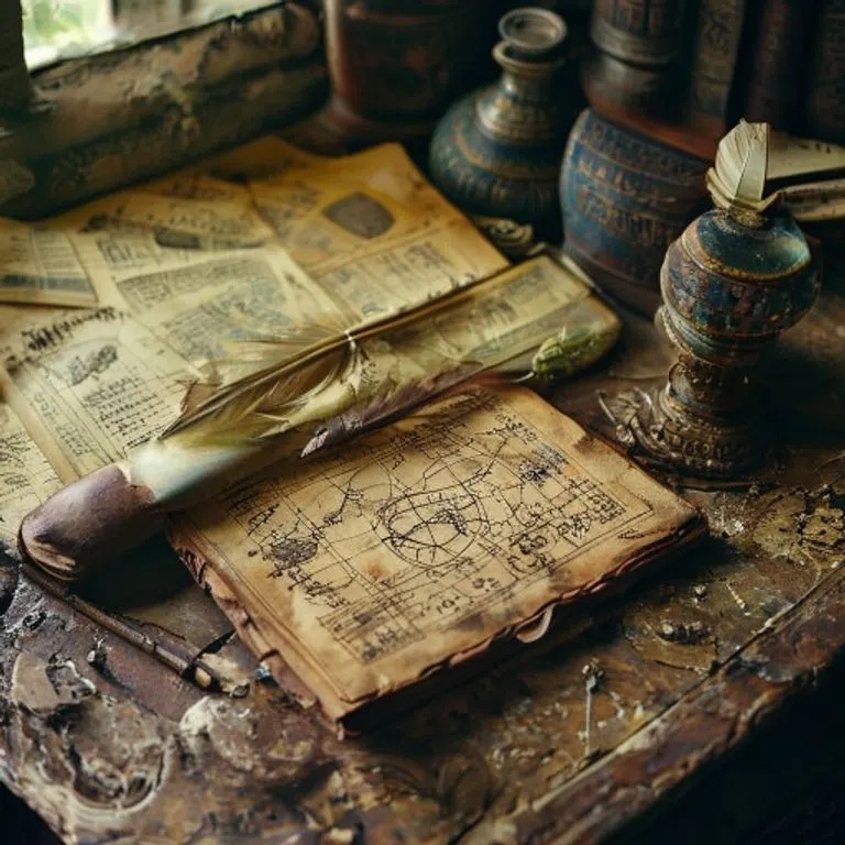 Bodegón cinematográfico de un escritorio antiguo con un diario de astrología abierto, una pluma de ave, una estatuilla de serpiente de jade y recortes de periódicos antiguos, evocando misterio y conocimiento oculto.