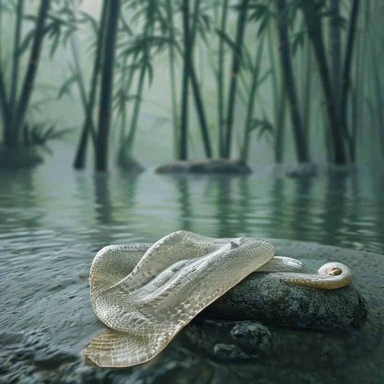 Arte conceptual minimalista de una piel de serpiente perfectamente mudada sobre una piedra de río pulida, con un bosque de bambú brumoso al fondo, simbolizando renovación y fuerza silenciosa.