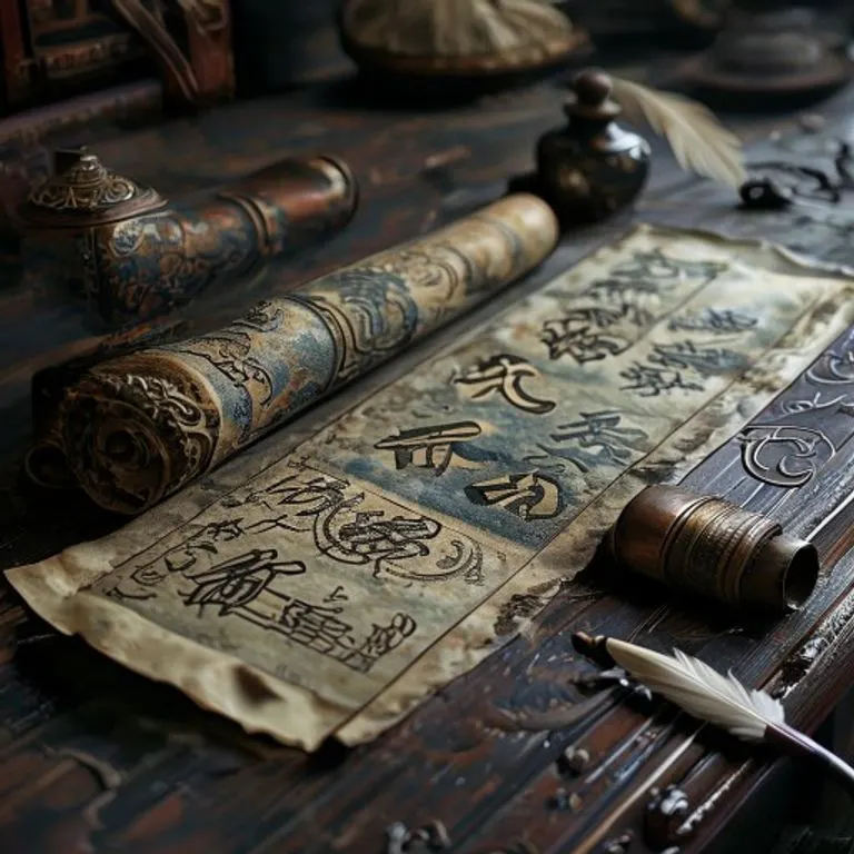 Fotografía vintage de un pergamino adornado con símbolos chinos y un dragón estilizado, sobre un escritorio de madera, evocando sabiduría histórica.