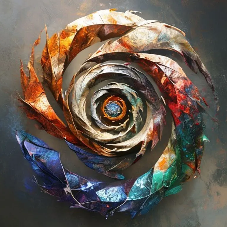 Renderizado 3D abstracto de símbolos elementales entrelazados (madera, fuego, tierra, metal, agua) formando una espiral dinámica con una silueta de dragón etérea.
