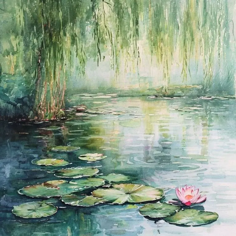 Pintura acuarela de un estanque de jardín tranquilo con sauces reflejados y una flor de loto flotando, colores suaves.