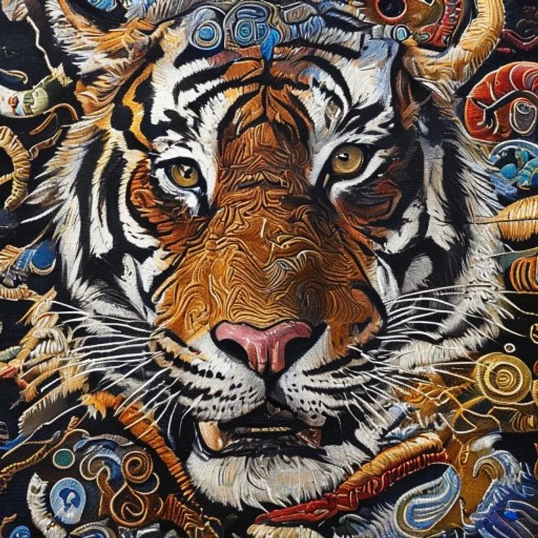 Pintura al óleo de un tapiz intrincado con un tigre estilizado y símbolos de los cinco elementos chinos.