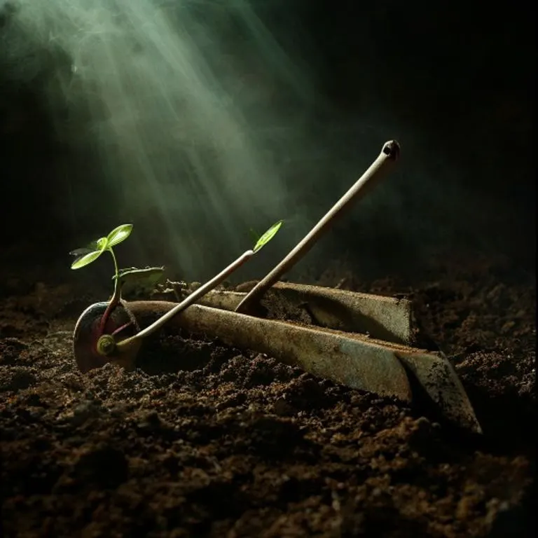 Bodegón cinematográfico de un arado de madera antiguo y desgastado, cuidadosamente elaborado, reposando sobre tierra oscura y fértil. Un brote verde y vibrante emerge del suelo, bañado por una luz suave y etérea, simbolizando trabajo duro, fertilidad y la promesa de crecimiento.
