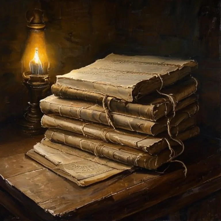 Pintura al óleo realista de una pila de antiguos libros de contabilidad y pergaminos encuadernados en cuero, atados con un simple cordel, sobre un resistente escritorio de roble oscuro. Una lámpara de aceite parpadeante proyecta largas sombras, resaltando la textura del papel y la tranquila dedicación al conocimiento duradero y la meticulosa contabilidad.