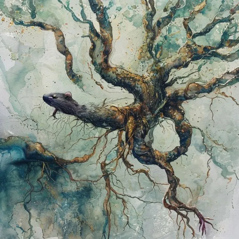 Pintura abstracta en acuarela de agua y raíces entrelazadas, representando la adaptabilidad y la interconexión de la Rata.