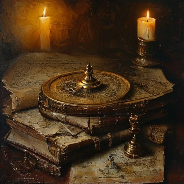 Pintura al óleo de un astrolabio antiguo sobre pergaminos, con luz tenue, simbolizando el conocimiento histórico de la astrología.