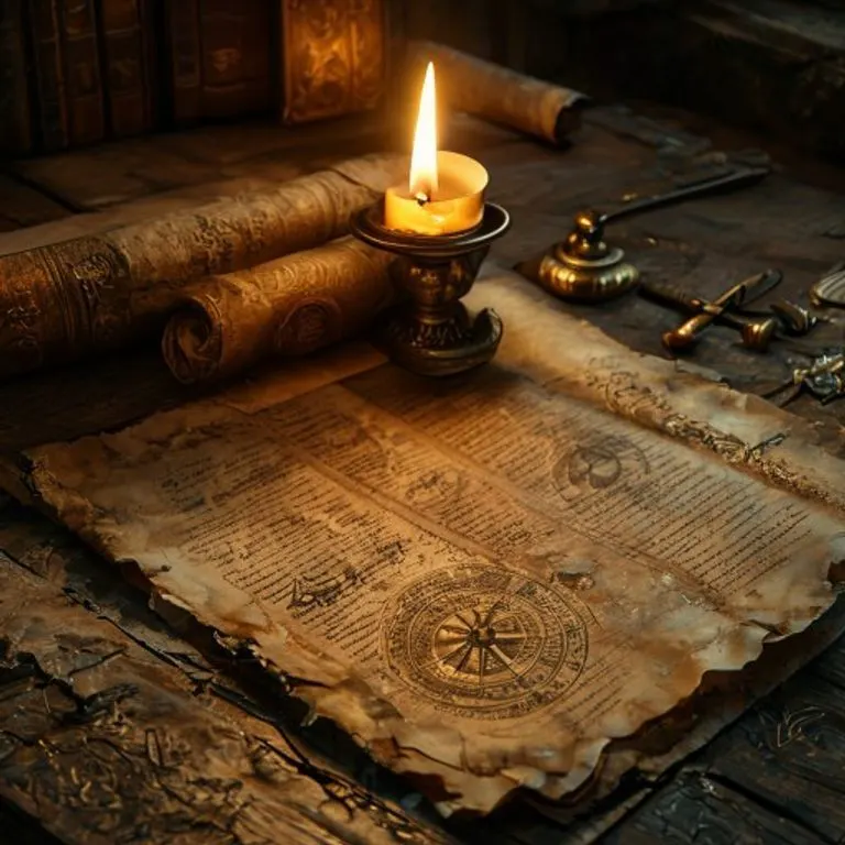 Bodegón cinematográfico de un escritorio de madera envejecida, iluminado por una vela. Hay pergaminos antiguos con símbolos astrológicos desvanecidos, un astrolabio de latón y un libro de cuero cerrado con un emblema intrincado.