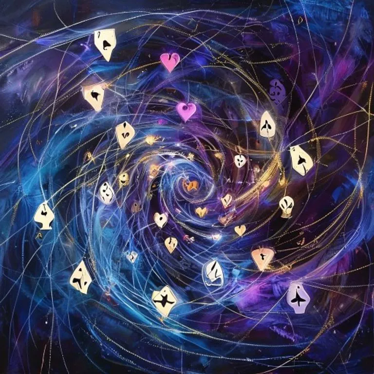 Arte conceptual abstracto con un vórtice de líneas y símbolos interconectados en tonos azules, púrpuras y dorados, representando la red del destino. Se aprecian contornos sutiles de palos de cartas (corazones, picas, diamantes, tréboles) integrados, sugiriendo un orden oculto. El estilo es etéreo y dinámico.