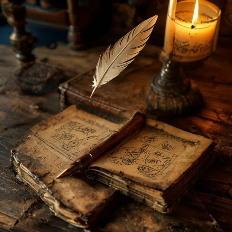 Fotografía vintage de un escritorio antiguo con un diario de cuero abierto a símbolos esotéricos, una pluma y una caja de madera tallada, iluminado por una vela parpadeante.