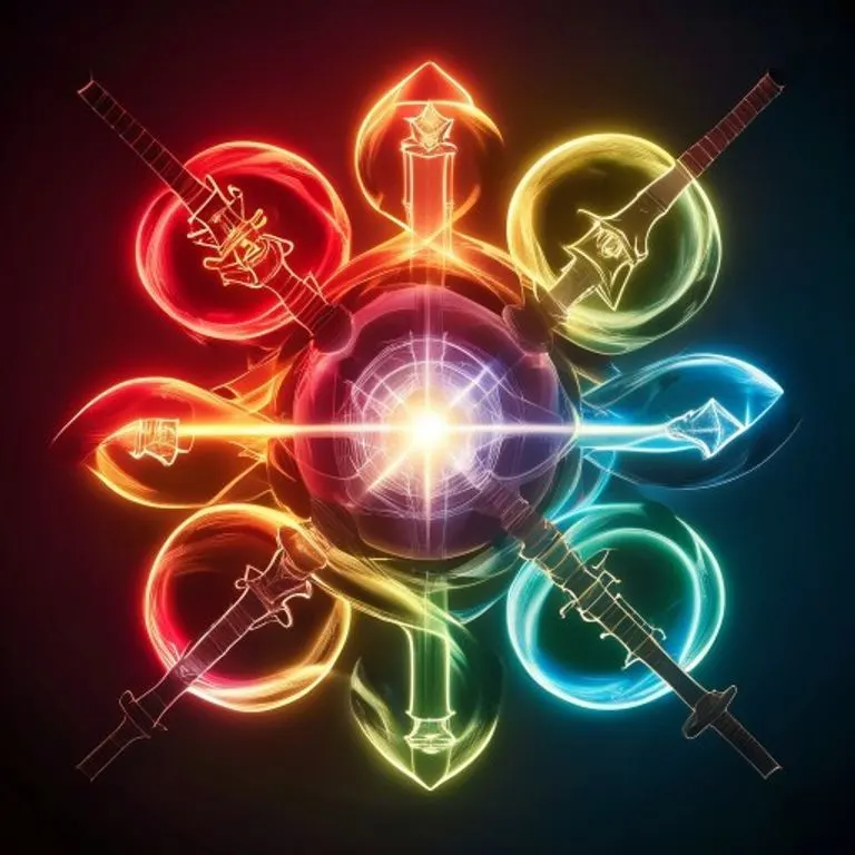 Arte conceptual abstracto de los cuatro palos de los Arcanos Menores (Bastos, Copas, Espadas, Oros) como formas de energía brillantes que se entrelazan y fluyen hacia una esfera central luminosa.