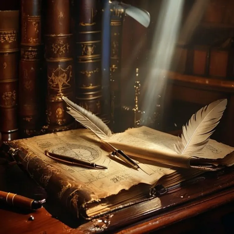 Bodegón cinematográfico de instrumentos astronómicos antiguos, un libro de cuero abierto mostrando una carta estelar y una pluma de ave sobre un escritorio de caoba, iluminado por un único rayo de luz.