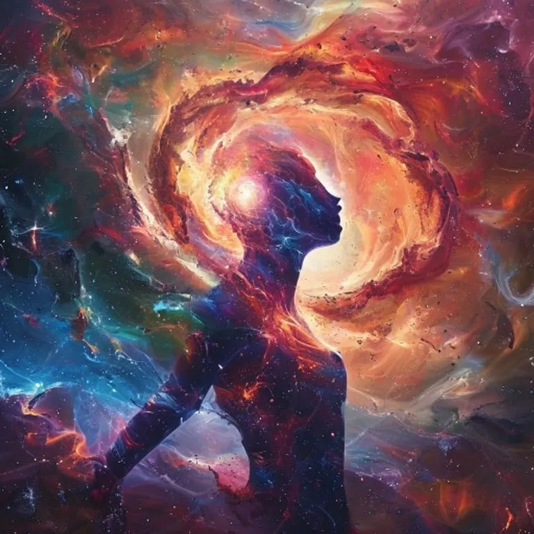 Arte abstracto de un vórtice de polvo cósmico y nebulosas que forman una silueta humana, simbolizando la conexión entre el individuo y el universo con colores vibrantes y una composición dinámica.