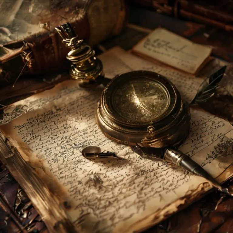 Astrolabio antiguo sobre un libro de cuero, con notas y una pluma, iluminado por una luz cálida.