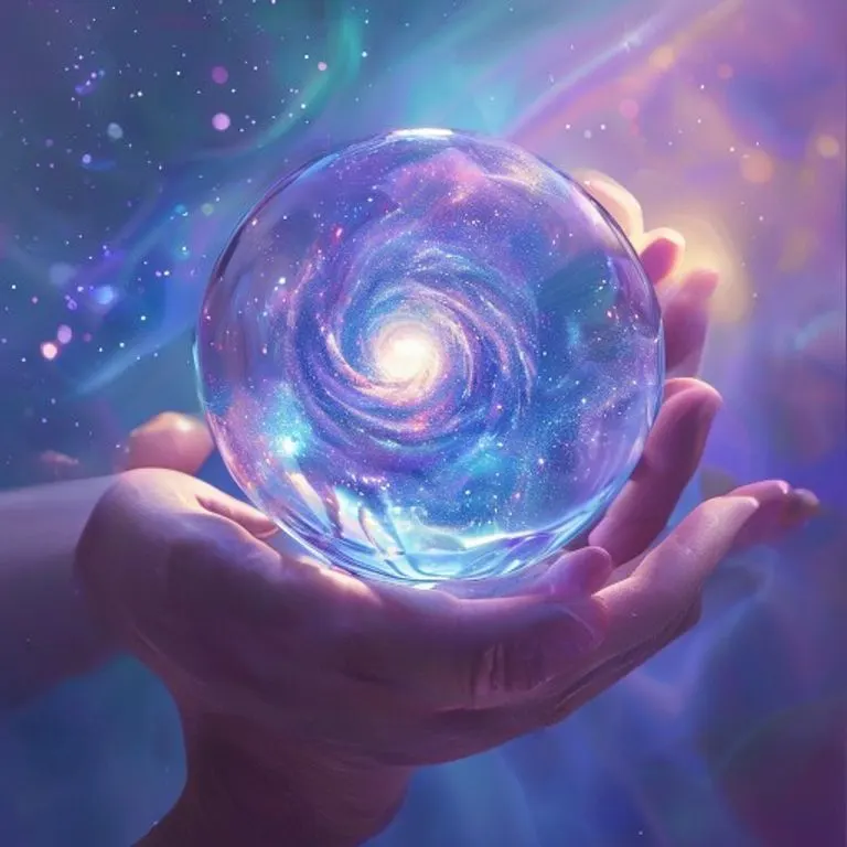 Esfera de cristal con una galaxia en miniatura, sostenida por manos abstractas, con un fondo degradado azul y púrpura.
