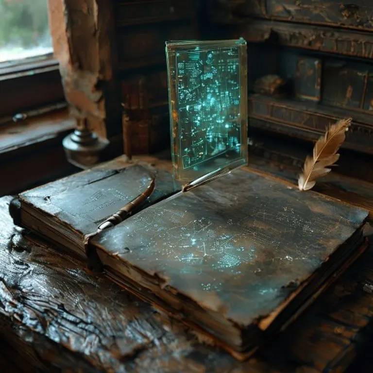 Bodegón cinematográfico de un escritorio de madera envejecido. Una proyección holográfica fragmentada de datos y símbolos astrológicos brilla sutilmente. Un diario de cuero cerrado y una pluma de ave yacen al lado, sugiriendo información personal protegida.