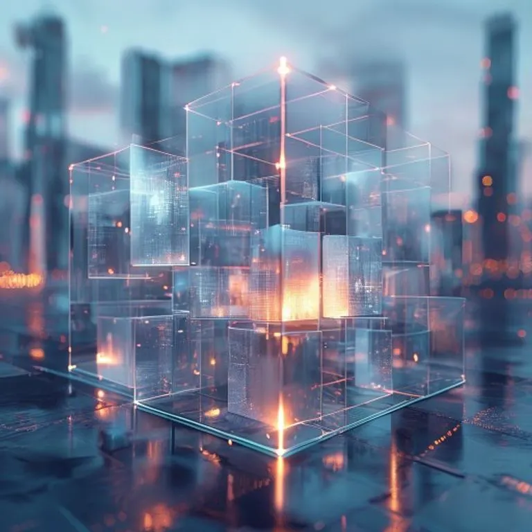 Renderizado 3D de cubos de datos interconectados y translúcidos formando una barrera protectora abstracta. Una luz brillante pulsa en el interior, representando información personal. El fondo es un paisaje urbano futurista al amanecer, enfatizando la seguridad digital.