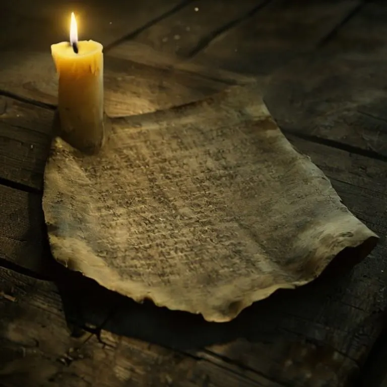 Un pergamino antiguo con escritura latina ilegible, posado sobre una mesa de madera rústica. Una vela de cera de abeja parpadea suavemente, proyectando sombras alargadas y evocando una atmósfera de sabiduría ancestral y soledad. El aire está lleno de motas de polvo danzando en la luz tenue.