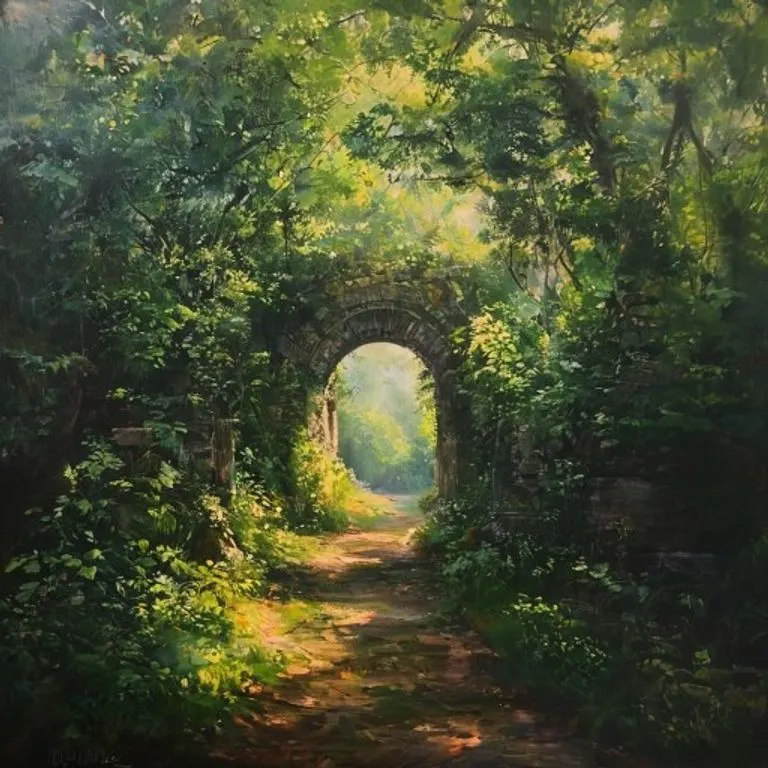 Una serena senda de jardín cubierta de vegetación que conduce a un antiguo arco de piedra parcialmente oculto. La luz del sol se filtra a través del denso follaje, creando una luz moteada. El arco simboliza el paso, la protección y el viaje hacia la paz, en un estilo de pintura al óleo.