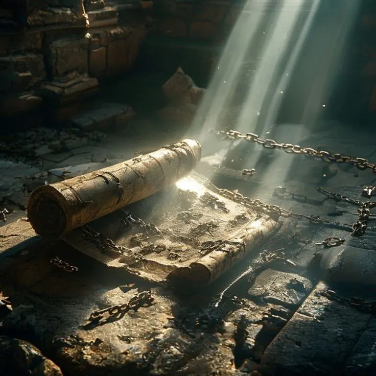 Un pergamino antiguo y desgastado que representa una batalla celestial, con un haz de luz divina iluminándolo sobre un altar de piedra. Alrededor, fragmentos de cadenas rotas simbolizan la liberación espiritual. Iluminación dramática con sombras profundas.