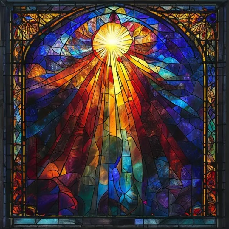 Un vitral vibrante e intrincado que representa una luz divina abstracta que atraviesa la oscuridad arremolinada, simbolizando el discernimiento y la claridad espiritual. Patrones geométricos, colores radiantes y elementos arquitectónicos góticos en el fondo.