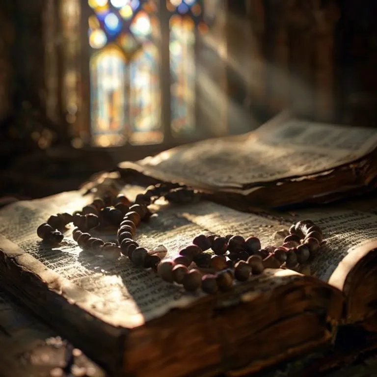 Fotografía vintage de cuentas de rosario de madera desgastadas sobre un libro de oraciones abierto, iluminadas por una luz etérea que entra por un vitral. El fondo muestra arquitectura de iglesia antigua, evocando devoción y resiliencia espiritual.