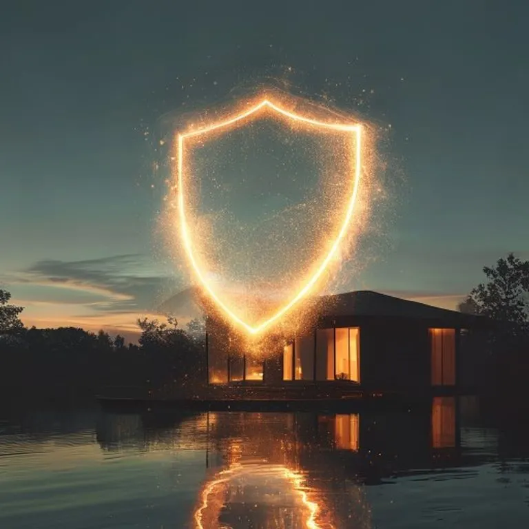 Arte conceptual de un escudo brillante hecho de partículas de luz entrelazadas, flotando protectoramente sobre una silueta de casa minimalista y serena al atardecer. El escudo emite sutiles ondas, simbolizando barreras espirituales contra fuerzas negativas invisibles. Ilustración digital.