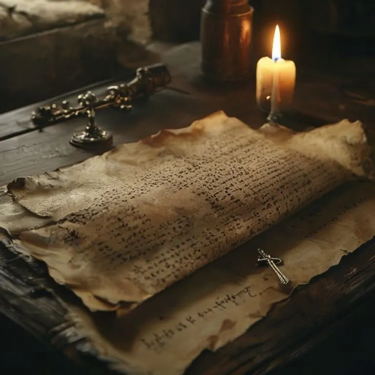 Un pergamino antiguo con escritura latina y un crucifijo de plata sobre una mesa de madera, iluminado por una vela, evocando un ambiente de estudio y devoción.