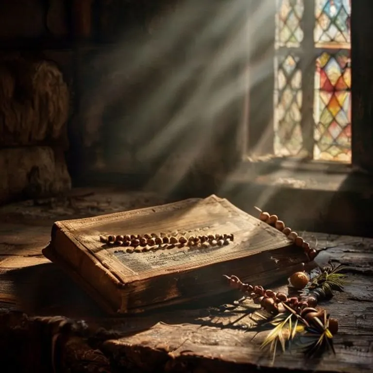 Un antiguo libro de oraciones abierto sobre una superficie de piedra, con un rosario de madera simple al lado, evocando una sensación de devoción y antigüedad espiritual.