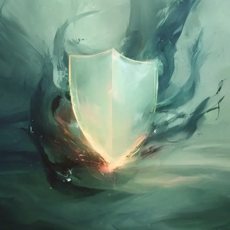 Una representación abstracta de un escudo luminoso que repele sombras oscuras, simbolizando la protección espiritual contra la adversidad y las influencias negativas.