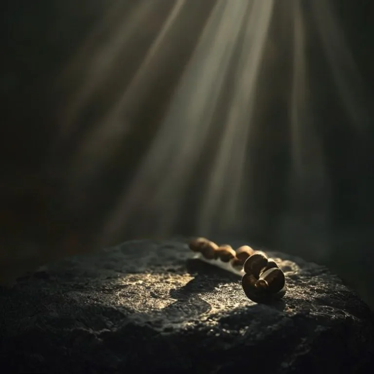 Un rosario antiguo y desgastado, con cuentas de madera, reposa sobre una superficie de piedra oscura. Una única lágrima de cristal parece caer sobre una pequeña cruz de plata incrustada en el rosario, simbolizando el dolor y la fe.