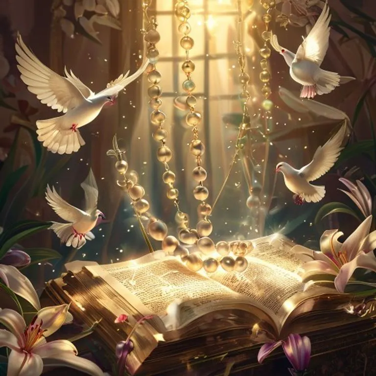 Un rosario flotando sobre un libro antiguo, con luz etérea y símbolos de paz y contemplación.