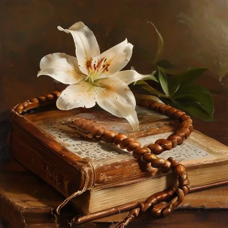 Rosario antiguo sobre una Biblia abierta con un lirio blanco, simbolizando la contemplación y la paz espiritual.