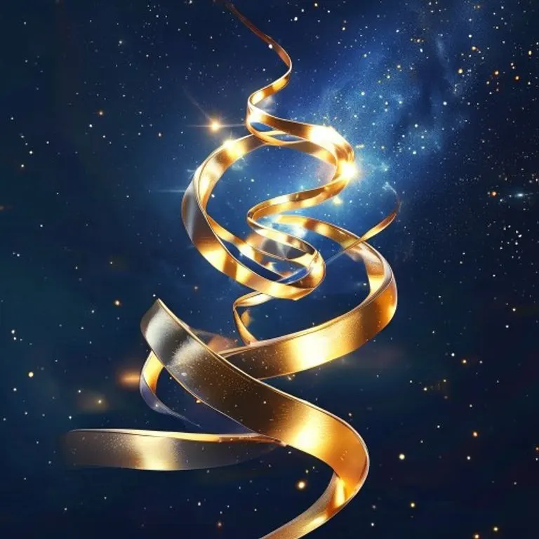 Ilustración 3D abstracta de cintas doradas y plateadas ascendiendo hacia una esfera celestial, simbolizando el ascenso espiritual.