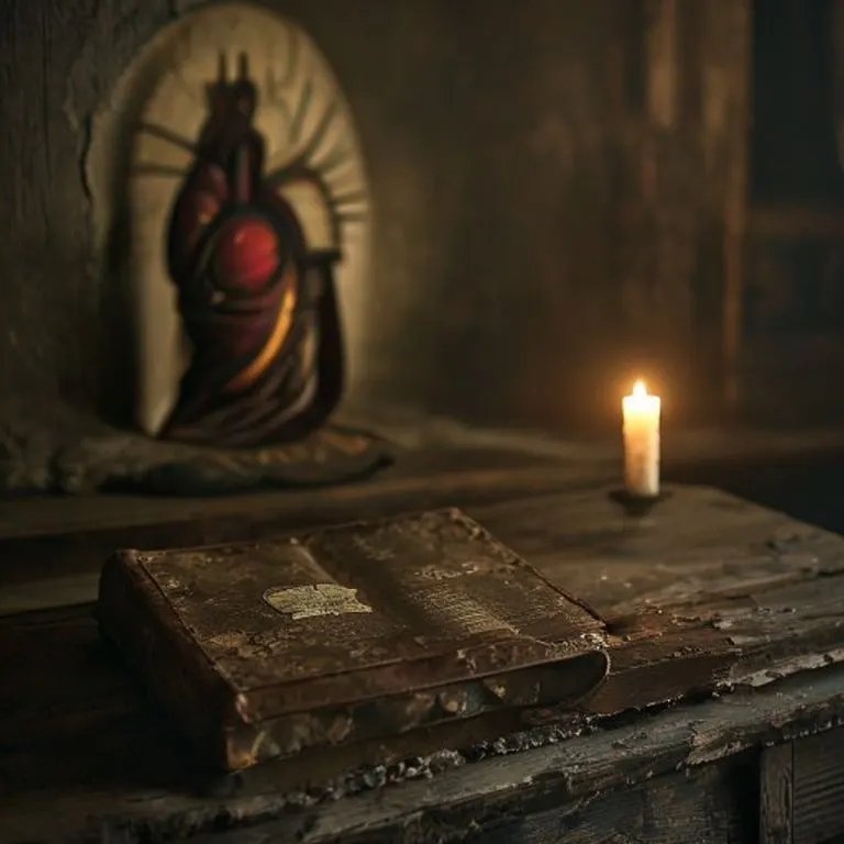 Libro de oraciones abierto sobre un altar de madera con una vela encendida y un Sagrado Corazón de Jesús resplandeciente al fondo.