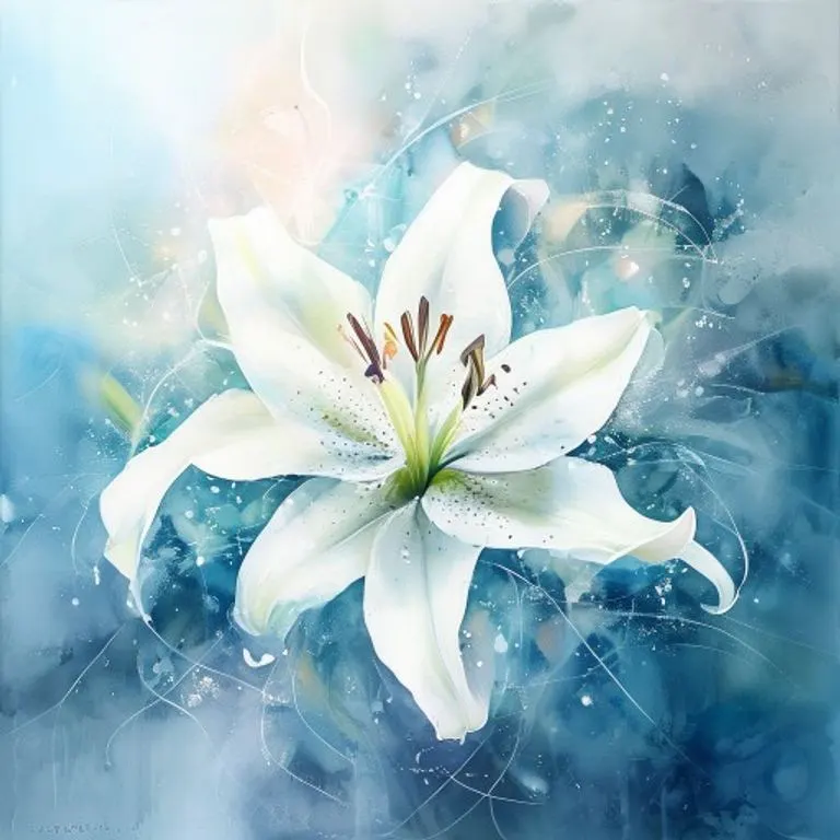 Pintura abstracta de una flor de lirio blanco puro con un halo luminoso, simbolizando la Inmaculada Concepción, sobre un fondo celestial.