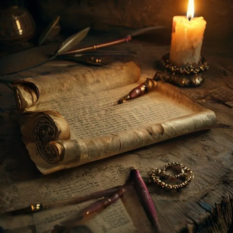 Fotografía vintage de un pergamino antiguo desenrollado sobre una mesa de madera rústica, con una vela parpadeante y un rosario, simbolizando estudio y devoción.