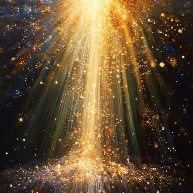 Arte conceptual abstracto que muestra una cascada de partículas de luz luminosas y fluidas convergiendo en un punto radiante, simbolizando la revelación divina y la perspicacia espiritual.