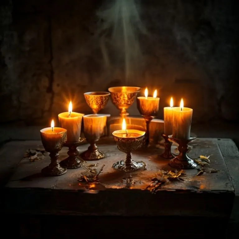 Siete velas antiguas y un cáliz sobre un altar de madera, iluminados místicamente