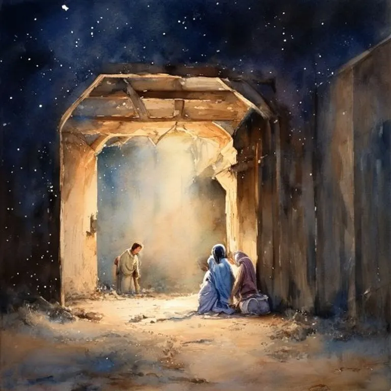 Pintura acuarela de un pesebre humilde con una luz cálida, representando el nacimiento de Jesús.