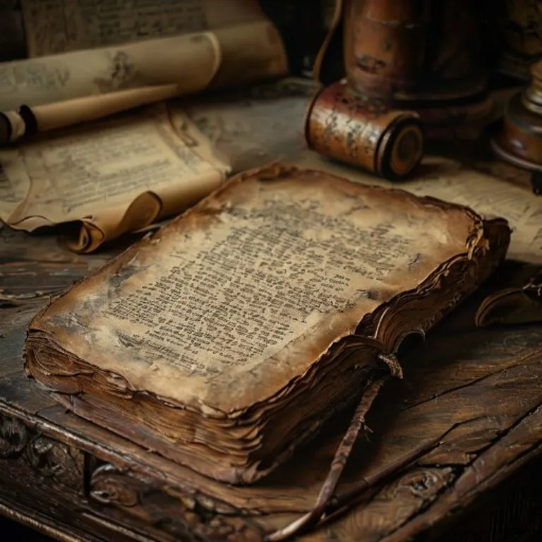 Libro de oraciones antiguo abierto sobre un escritorio de madera, con una pluma y tintero, evocando la escritura mística.