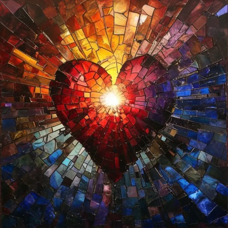 Mosaico de vidrios rotos formando un corazón abstracto con luz, simbolizando el sufrimiento, la redención y el amor divino.