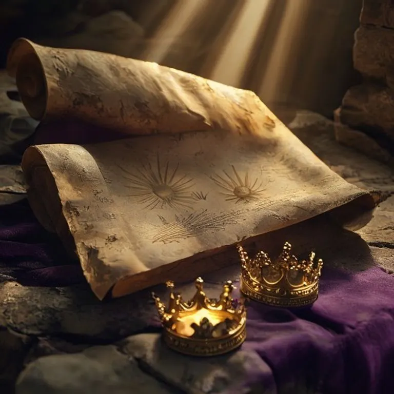 Bodegón cinematográfico de un pergamino antiguo con ilustraciones de un sol naciente y una paloma, junto a una corona dorada sobre terciopelo púrpura