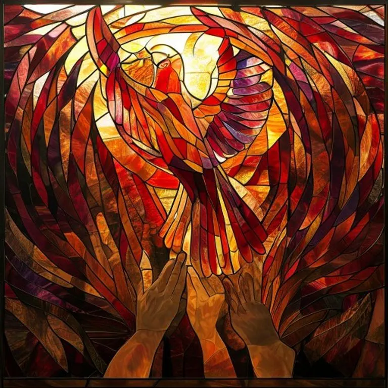 Panel de vitral abstracto y vibrante que representa una paloma descendiendo entre patrones rojos y dorados, con manos estilizadas alzándose