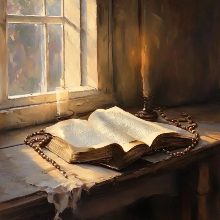 Bodegón de un libro de oraciones antiguo y un rosario sobre una mesa de madera, evocando devoción.