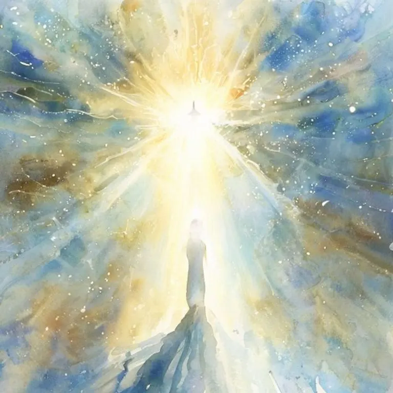 Pintura acuarela abstracta de luz divina abrazando una figura humana, simbolizando gracia y paz.