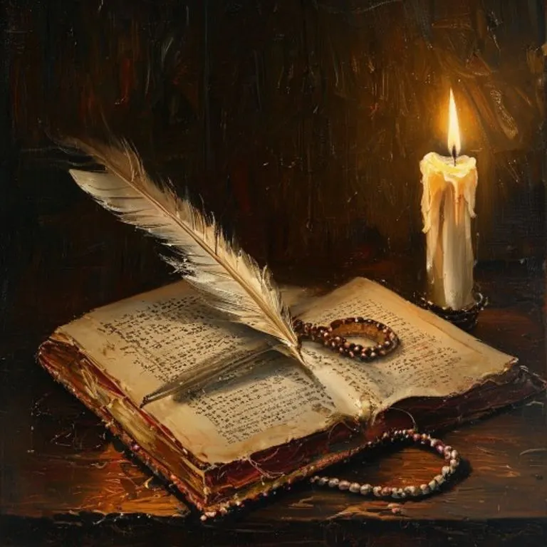 Pintura al óleo de una pluma de ave sobre un libro antiguo abierto, con un rosario y una vela encendida en un escritorio de madera.