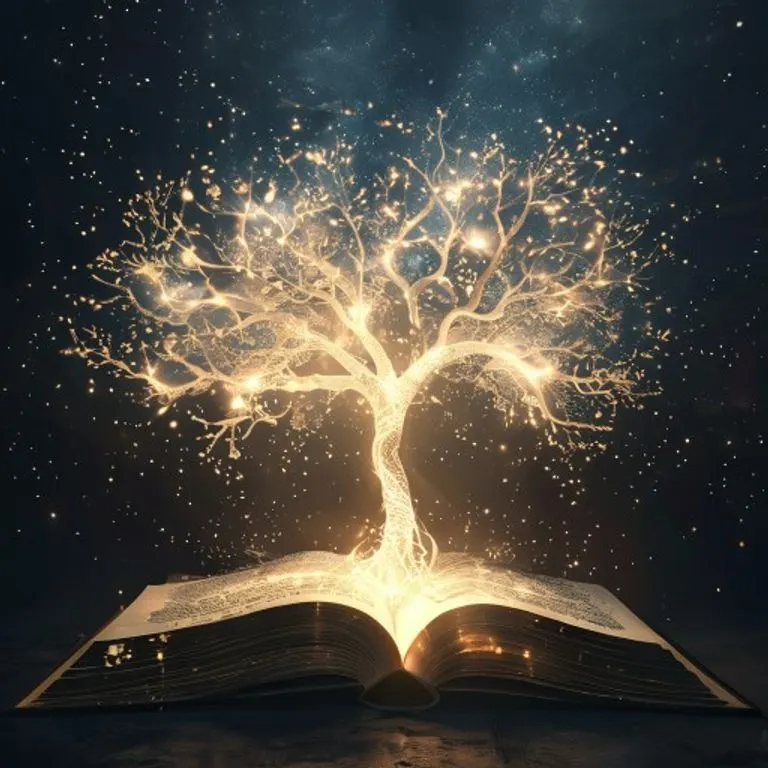 Ilustración digital 3D de un árbol brillante enraizado en un libro abierto, con ramas que se convierten en luz hacia el cielo estrellado.
