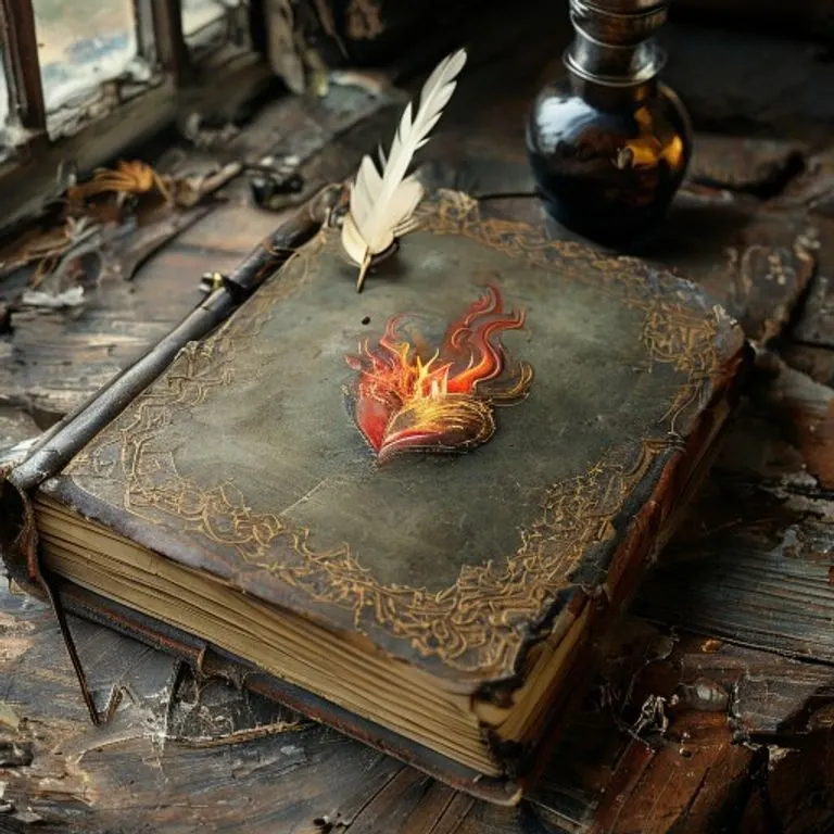 Fotografía antigua de un libro abierto con una ilustración del Sagrado Corazón, sobre un escritorio de madera.